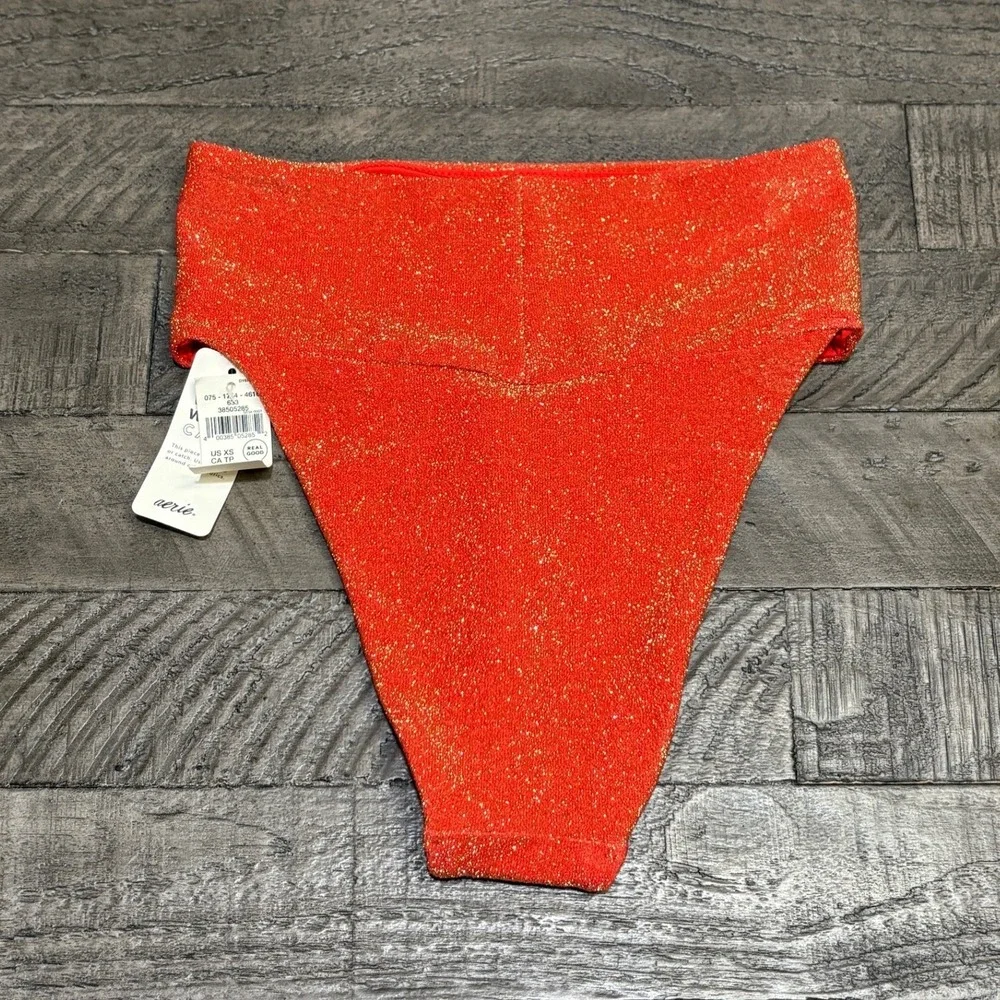 Aerie High Cut Cheeky Bikini Bottom XS Red Orange Gold Metallic Shimmer NWT